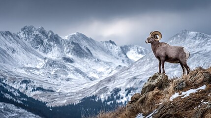 Fototapeta premium Bighorn sheep ram standing proudly on a rocky outcrop, observing the vast snowy mountain landscape under a dramatic winter sky, symbolizing resilience, endurance, and wilderness