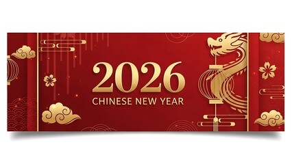 Chinese new year 2026 celebration banner with dragon design and gold accents on red background for festive greeting cards and decorations