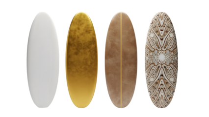 Four surfboards with different colors and textures