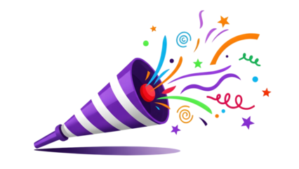 Vibrant purple party horn with colorful fireworks on black background