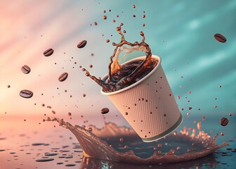 Floating Coffee Cup Splash Dynamic Beverage Concept