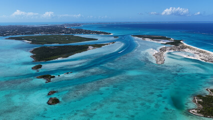 Obraz premium Turks And Caicos Skyline At Providenciales In Overseas Territory England. Caribbean Skyline. Beach Landscape. Shades Of Blue Watercolor. Turks And Caicos Skyline In Providenciales. Nature Background.