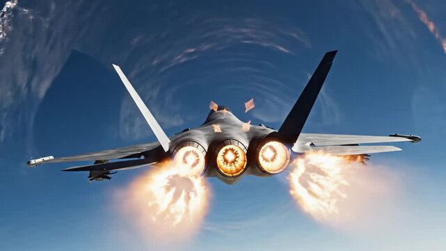 A 3D animation of a modern fighter jet flying at supersonic speed. The aircraft breaks the sound barrier with afterburners blazing. Military aviation and advanced aerospace technology concept.