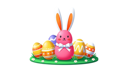 Easter bunny with decorated eggs on green grass