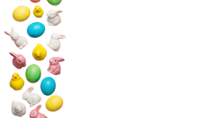 Easter eggs and bunny figurines on black background