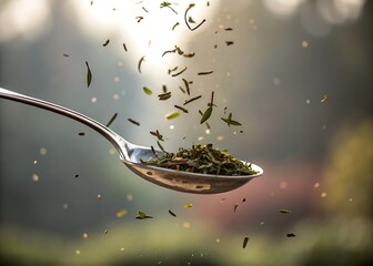 Floating Spoon With Falling Tea Leaves Artistic Beverage Concept