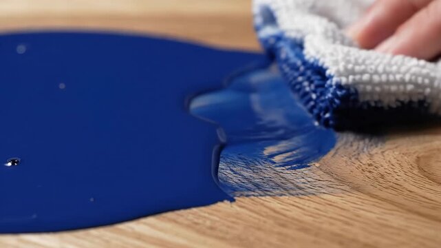A hand wipes a blue paint spill with a microfiber cloth from a wooden surface. Close-up on cleaning a mess and testing an absorbent material. Waterproof surface protection concept.