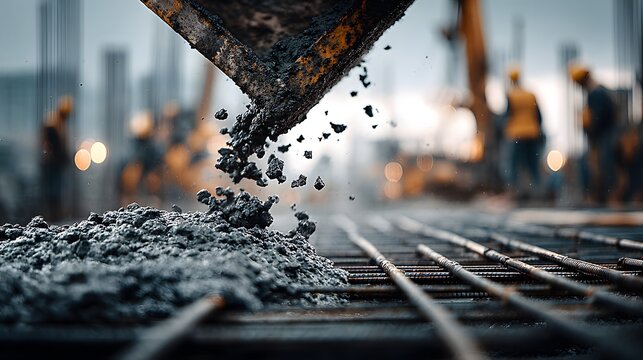 Wet concrete pours from a mixer chute onto a steel rebar grid at a construction site, freezing the motion of falling raw building materials.