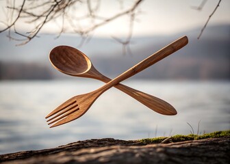 Floating Wooden Fork And Spoon Cross Minimal Kitchen Decor