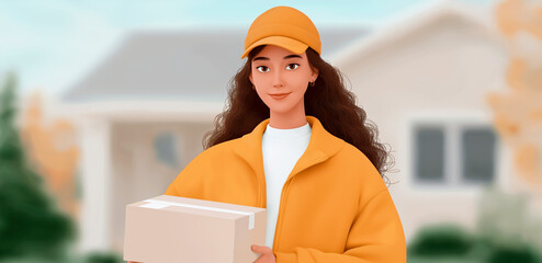 Smiling young indian female courier with long curly hair in orange uniform holding cardboard box against blurred suburban house background