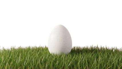 A white egg standing upright in green grass against a black background
