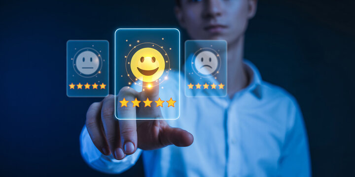 Man giving positive feedback with happy smiley face and five star rating