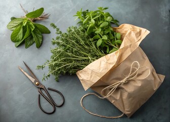Kitchen Herbs In Paper Bag With Scissors Fresh Cooking Style
