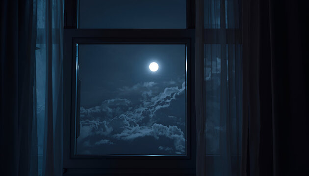 Tranquil night window view from indoors with soft moonlight and smooth clouds, peaceful atmosphere, realistic tones, minimalist composition.