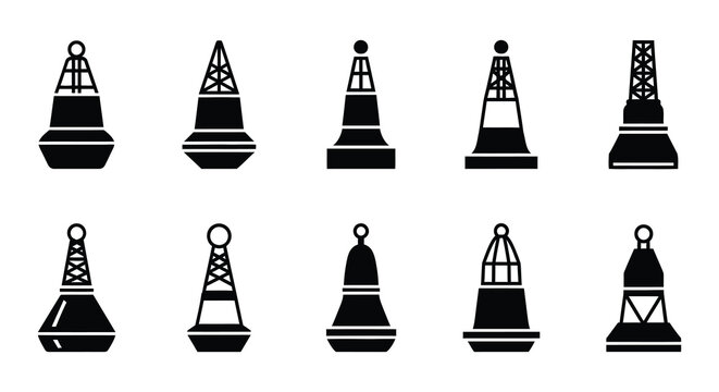 Collection of black and white nautical buoy icons in various shapes
