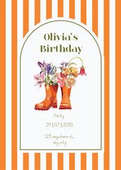 Realistic image of a orange rubber boots with flowers. Baby shower, birthday invitation card. Hand drawn watercolor style background.