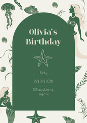 Beautiful mermaid, shell, starfish, algae, jellyfish line illustration.  Birthday, invitation card. Hand drawn line style background.