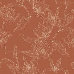 Vector floral seamless pattern of magnolia branches and flowers. Romantic elegant simple line background.