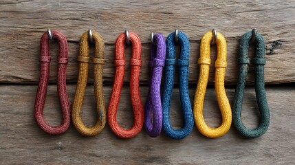 A row of colorful rope carabiners are arranged and hanging on a weathered wooden surface