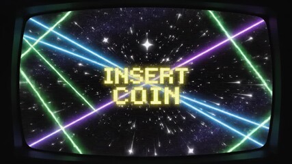 Flashing "Insert Coin" text on a vintage arcade game screen. Retro 80s animation with neon lasers and a hyperspace starfield. Nostalgic gaming concept. - Powered by Adobe