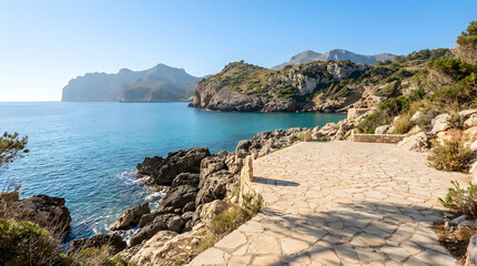 a serene coastal scene with clear blue water, rugged cliffs, and distant mountains under a bright blue sky