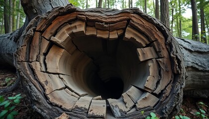 Weathered, decaying tree trunk with a dark, cavernous interior, surrounded by forest undergrowth,  lichen,  autumn