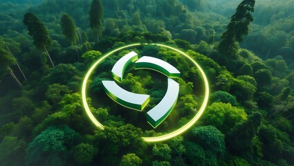 3D white segmented circle symbol with glowing neon ring over forest aerial view