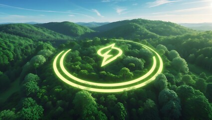 3D neon green lightning bolt symbol with rings over forest landscape