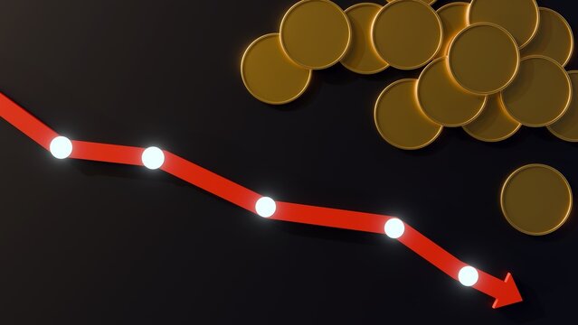 3D rendering of the red arrow and stack of coins, downward financial trend or economic decline. Metaphor for financial loss, market crashes, or decreasing value.