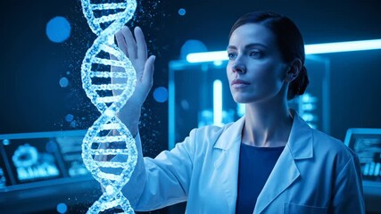 Scientist touches holographic DNA helix in futuristic laboratory. Woman scientist analyzes DNA structure in lab. Holographic DNA glows with blue light near scientist. Futuristic lab with DNA hologram - Powered by Adobe
