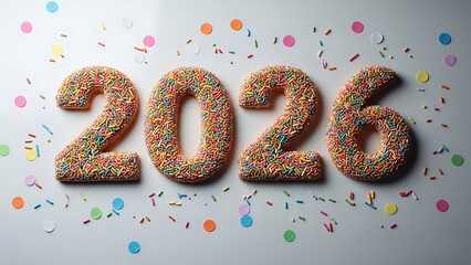 Colorful sprinkles on 2026 numbers on gray background with confetti