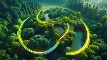 3D neon green triple spiral loop symbol over forest landscape