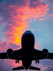 Commercial airliner seen from below, silhouetted against a vibrant sunset sky,  jet,  aircraft