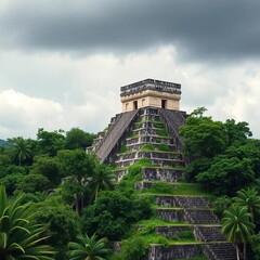 Ancient Mayan stepped pyramid rising from lush green jungle canopy, weathered stone blocks, cloudy sky overhead,  jungle landscape,  stone construction