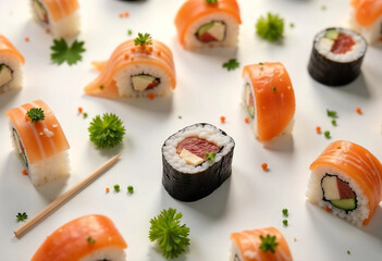 Delicious Salmon Sushi Rolls Artfully Arranged with Fresh Garnishes on a White Background