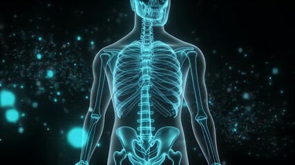 Digital representation of human anatomy, glowing blue skeleton and internal structures with data particles, symbolizing medical technology, scientific research, and health innovation - Powered by Adobe