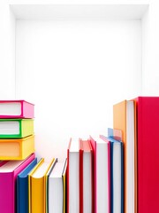 Abstract composition of brightly colored binders, a vibrant spectrum against a crisp white void,  spectrum, office supplies