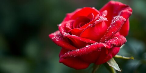 A close-up of a dew-kissed rose, rich crimson petals unfolding with soft focus background,  bloom,  floral