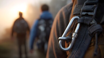 Hikers traverse a foggy morning trail with a detailed view of climbing gear in the foreground