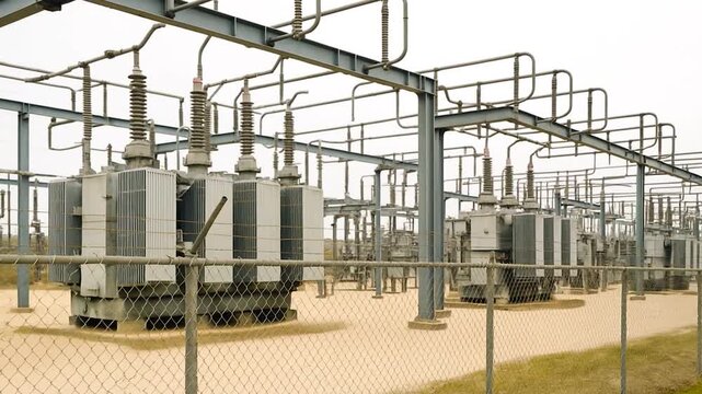 A substation operates, its transformers humming as they manage power, a critical part of the electricity grid and transmission infrastructure.
