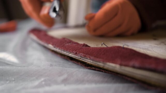 Close up of restorer hands removing old upholstery using pliers in workshop