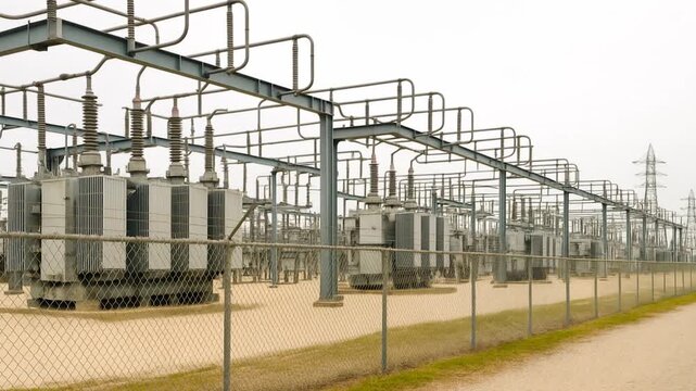 High voltage substation., its transformers humming as they manage power, a critical part of the electricity grid and transmission infrastructure.
