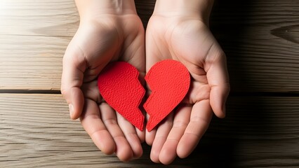 Fototapeta premium Hands holding a broken red heart on wooden background