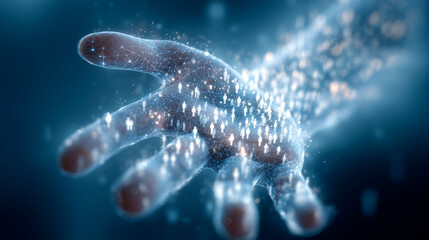 Futuristic Hand Reaching Out with Digital Community Representation in a Business Context with Light Effects and a Professional Background