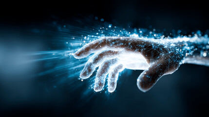 Futuristic Hand Reaching Out with Digital Community Representation in a Business Context with Light Effects and a Professional Background