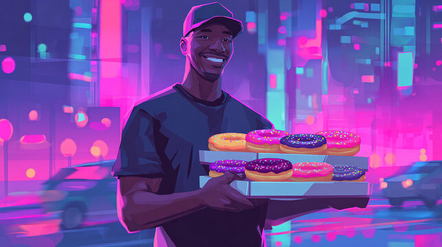 fast food delivery concept worker presenting donut box in futuristic neon street modern cyber themed urban commerce scene