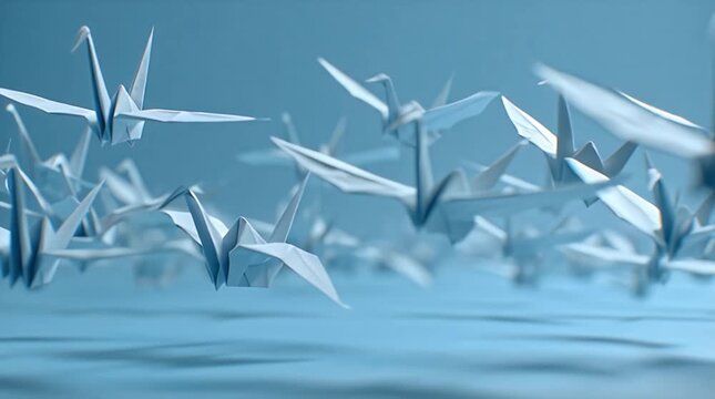 Abstract White Paper Origami Cranes Flying on Blue Background Video.