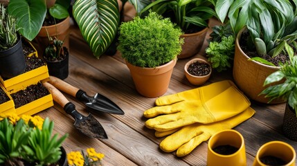 A table with a variety of potted plants and gardening tools