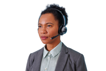 Woman wearing headset providing customer service, support, communication, and assistance on transparent background