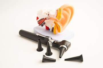 Otoscope with model for audiologist or ENT doctor use otoscope checking ear and treat hearing loss problem.